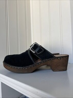 Josef Seibel Black Suede Buckle Clog Mule with Wood-Effect Heel